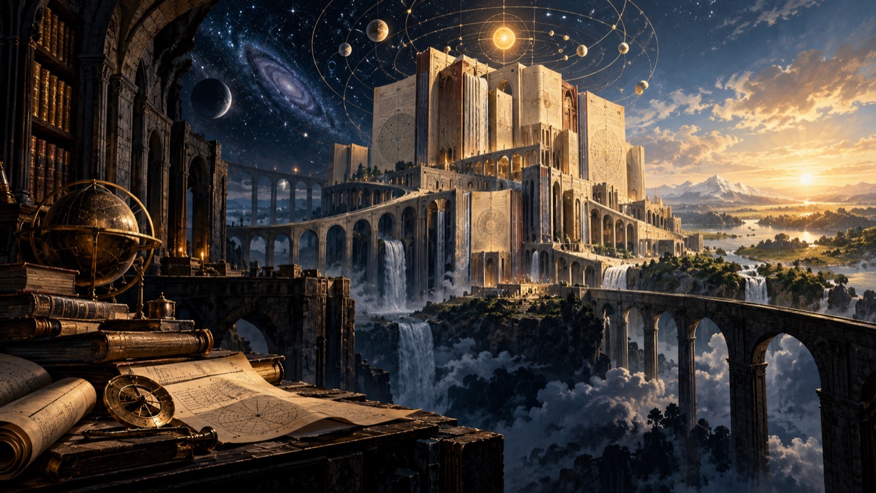 A vast stone archive rises above clouds beneath orbiting planets, linking ancient books with a layered cosmic landscape.