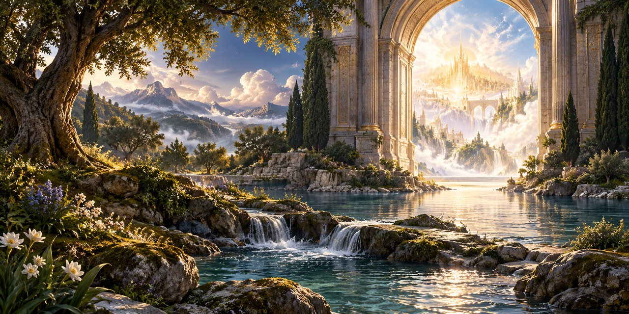 A river garden opens through a monumental stone threshold toward a luminous landscape beyond.