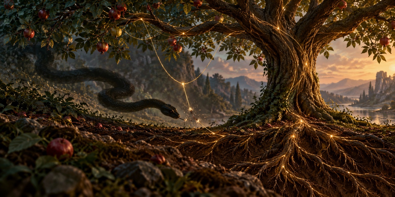 A serpent-shaped shadow crosses an Edenic tree and interrupts fine golden threads among its roots and branches.