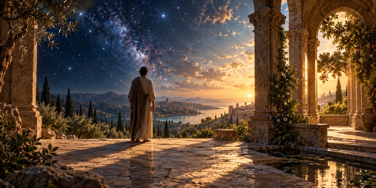 A human silhouette stands where an earthly garden meets a star-filled sky, surrounded by warm reflected light.