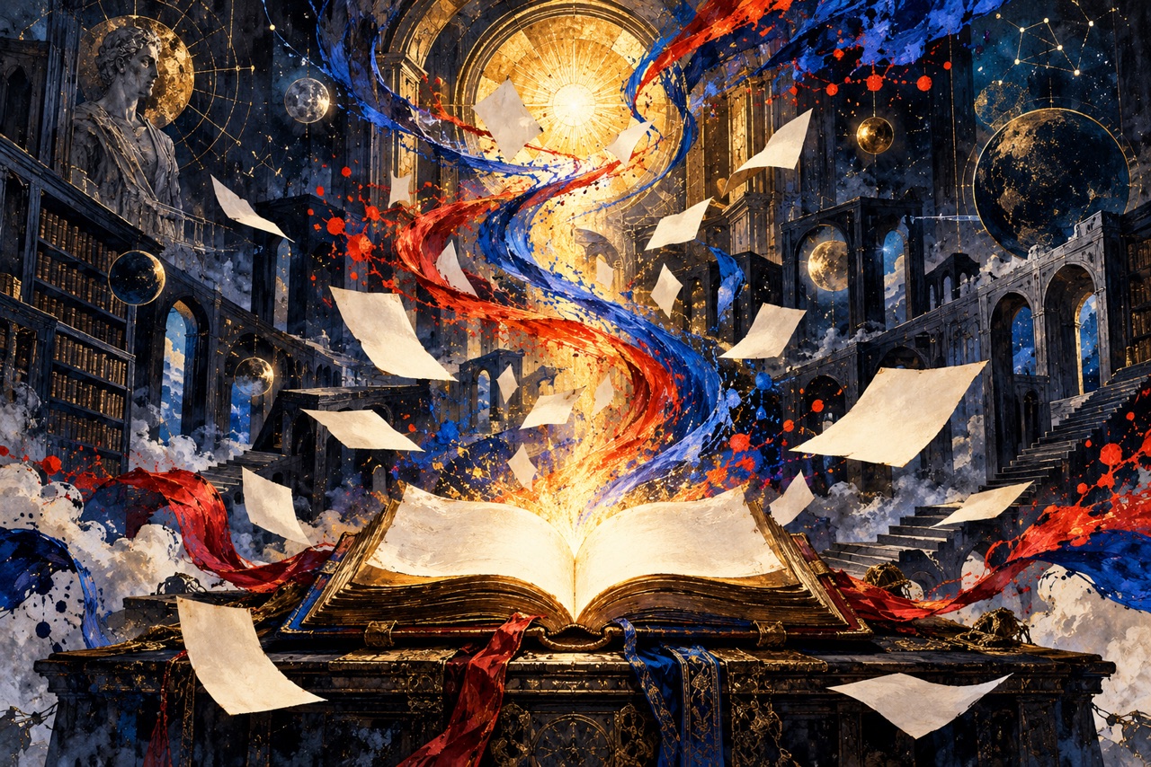 An illuminated open book at the center of a midnight-blue archive, with blank pages caught in spiralling red, blue, and gold currents.